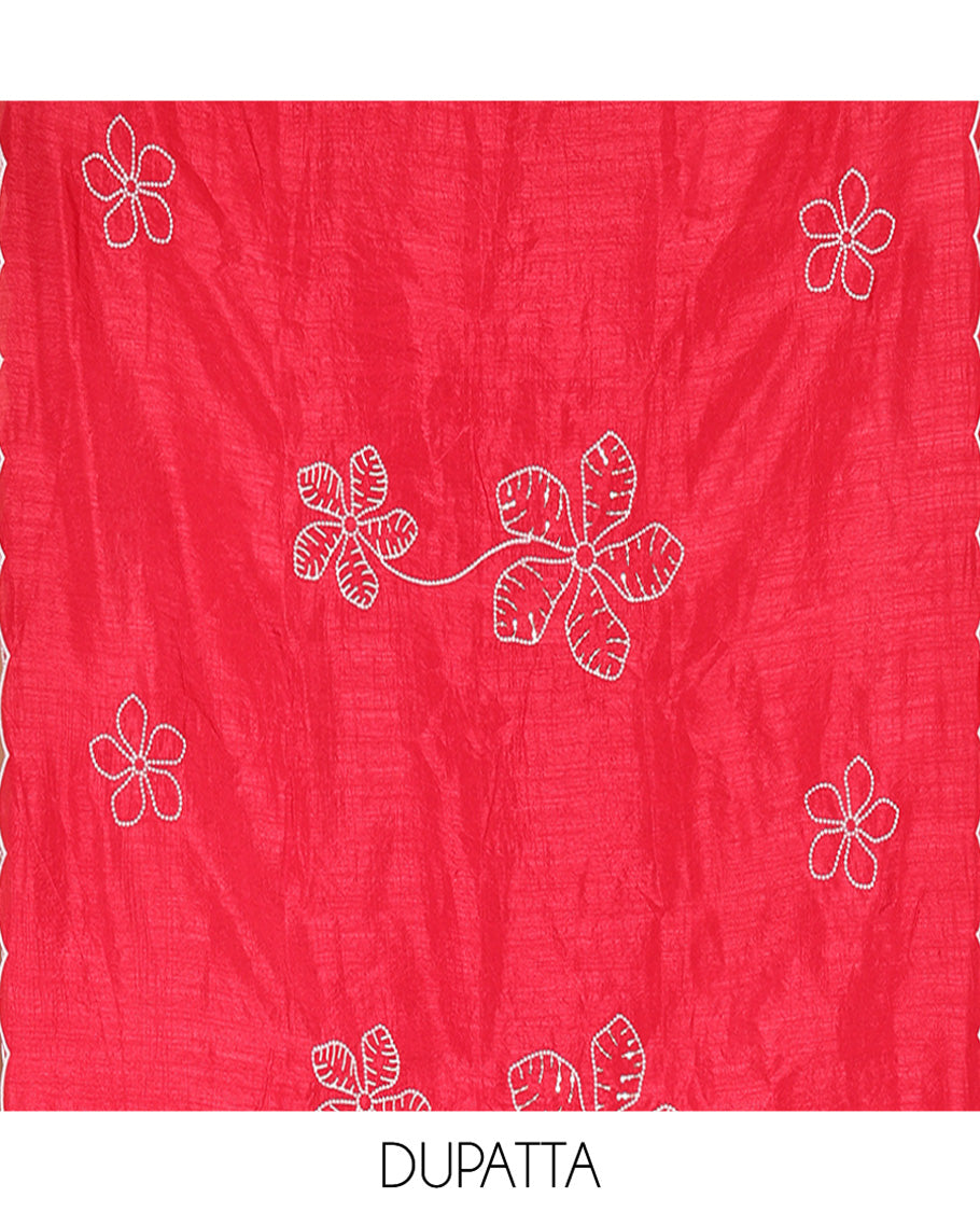 Red Material Chudidar Set, Delicately Woven with Floral Thread Embroidered Mul Chanderi Top, a Mul Chanderi Bottom, Paired with Floral Thread-Embroidered Mul Chanderi Dupatta
