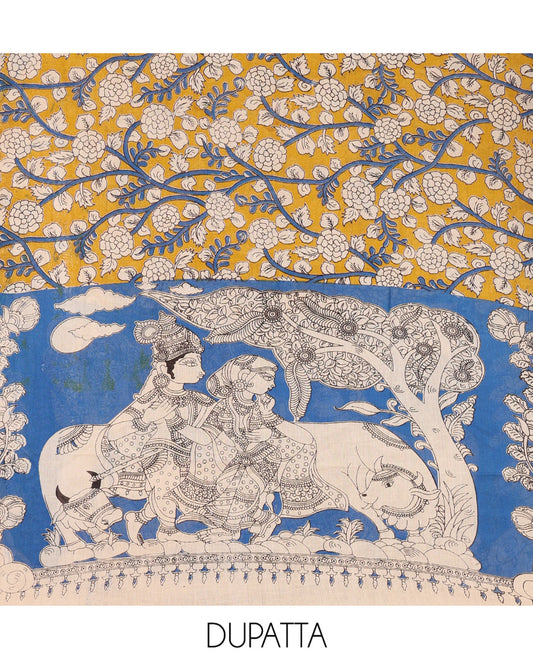 Cream-Red Cotton Material Chudidar Features Kalamkari Ancient Humans Printed Top, Contrast Bottom, Kalamkari Dupatta