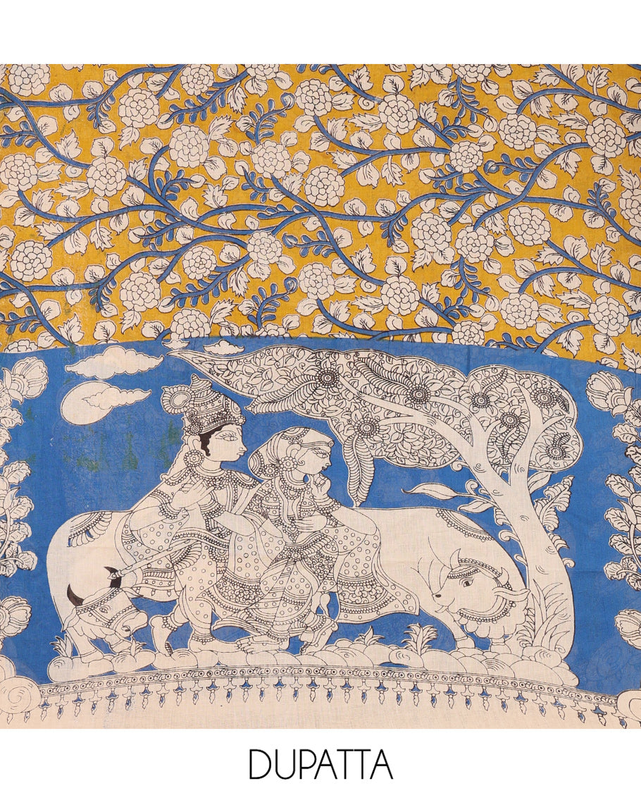 Cream-Red Cotton Material Chudidar Features Kalamkari Ancient Humans Printed Top, Contrast Bottom, Kalamkari Dupatta