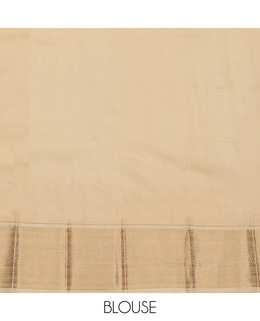Brown Budget Silk Saree, Steeped in Richness of Zari Buttas, Complemented by a Contrast Traditional Zari Border, Sparsely Woven Pallu, and Contrast Blouse