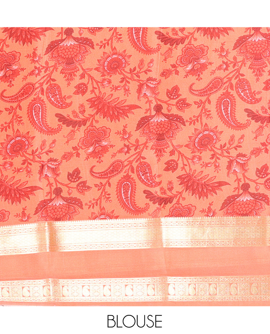 Orange Checked Mysore Silk Saree, Highlighted by a Traditional Zari Border, Grand Pallu, and a Matching Blouse