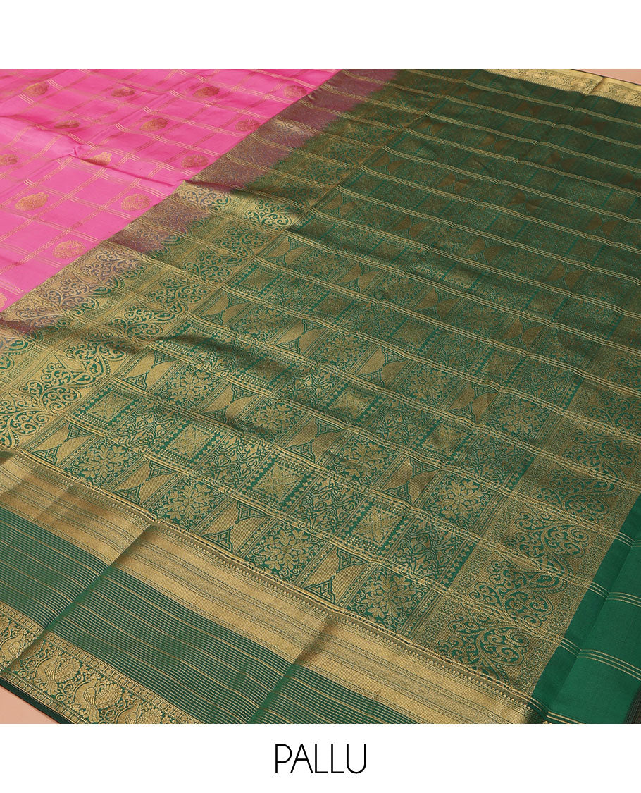 Pink Vasundhara Lite Silk Mix Saree, Bedecked with Zari Butta Enclosed Checks on Its Body, Complemented by a Contrast Border of Traditional Designs, a Grand Intricately Checked Pallu, and Paired with a Contrast Blouse