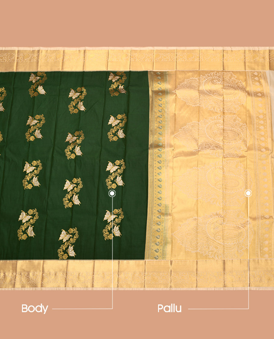 Green Budget Silk Saree, Gracefully Embellished with Butterfly Buttas, Complemented by a Contrast Traditional Zari Border, Grand Pallu, and a Contrast Blouse