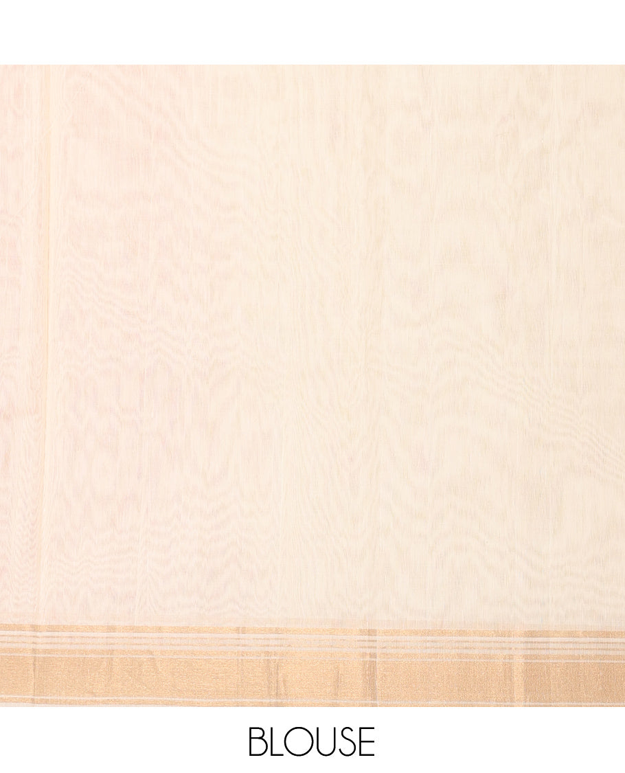 Peach Silk Cotton Saree, Sparsely Woven with Buttas, a Contrast Zari Border, Intricately Designed Pallu, and a Contrast Blouse