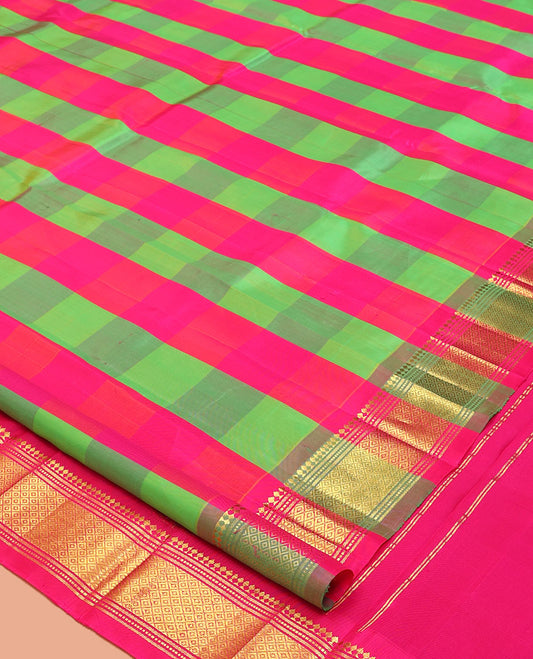 Multi-Color Checked Kanchipuram Silk Saree Features a One-Sided Zari Border of Paneer Sombu, Banaras, Muthu, and Mayil Kann Designs, Zari Design Pallu, and No Blouse