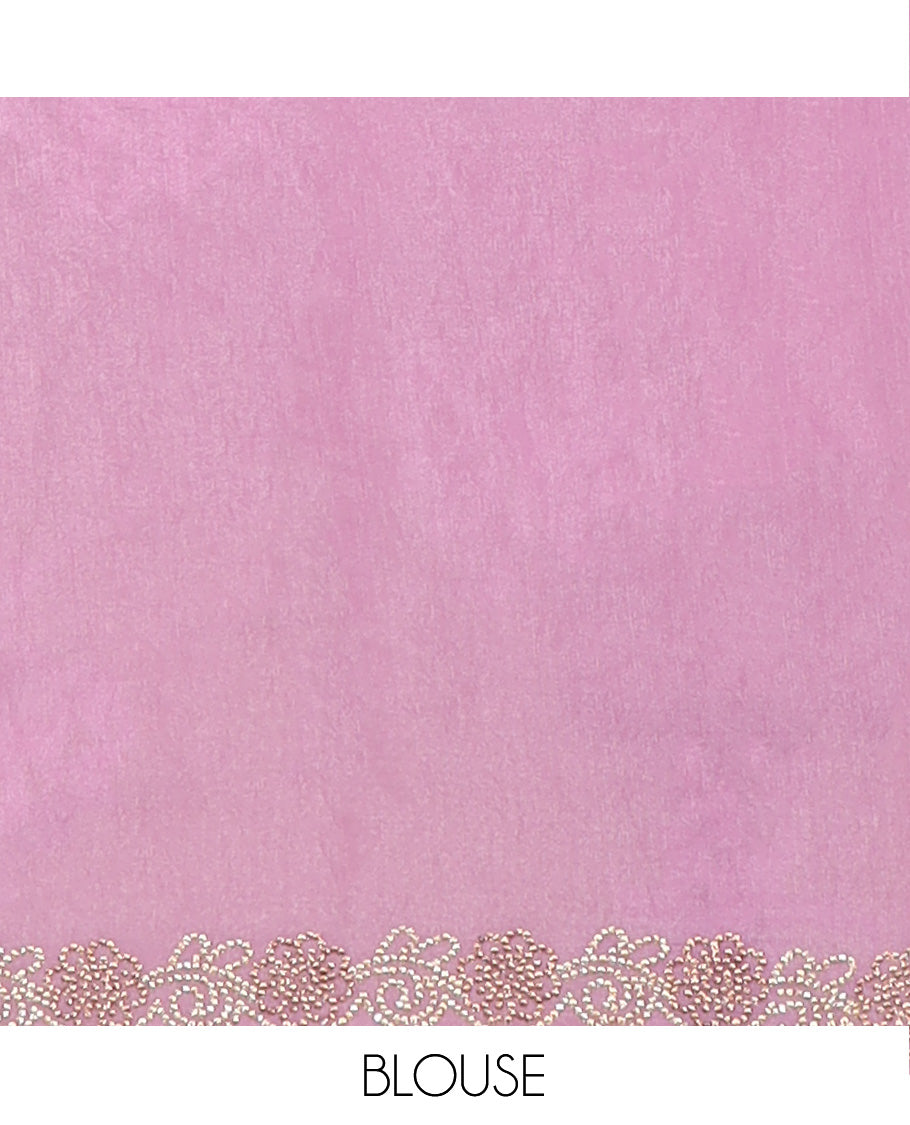 Pink rose floral motifs foil printed designer saree, scallop floral micro-stone work border
