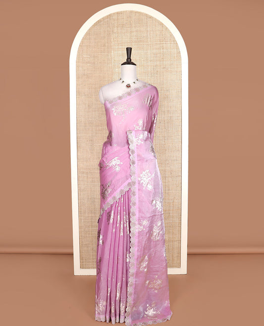 Pink rose floral motifs foil printed designer saree, scallop floral micro-stone work border