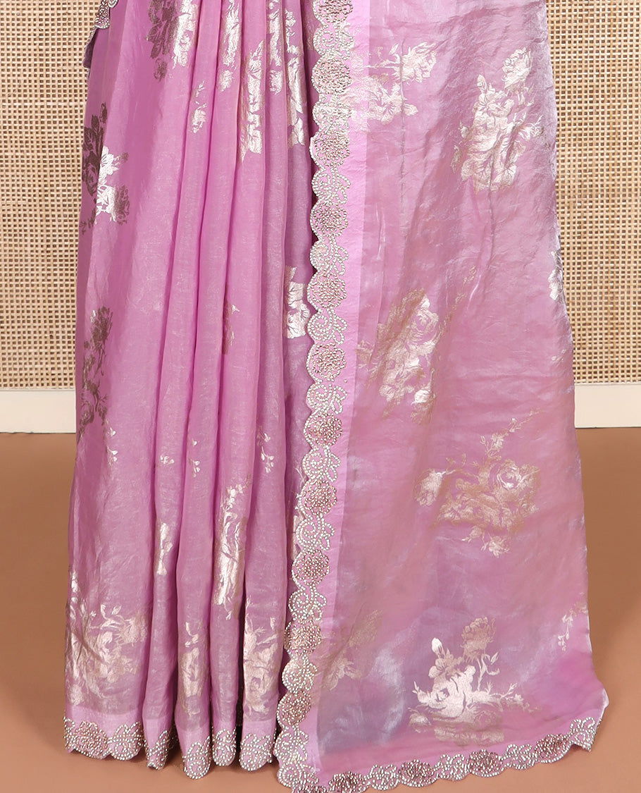 Pink rose floral motifs foil printed designer saree, scallop floral micro-stone work border