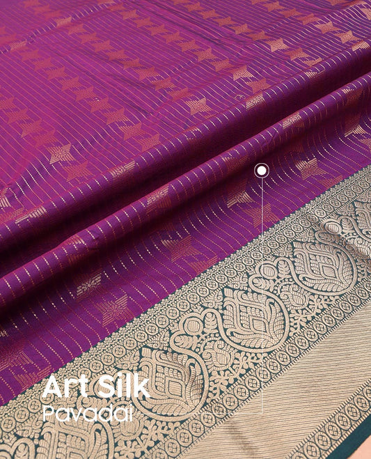 Purple Art Silk Pavadai Material Set Detailed with Zari Design on Its Skirt, Complemented by a Contrast Traditional Zari Design Border, and Paired with a Contrast Blouse