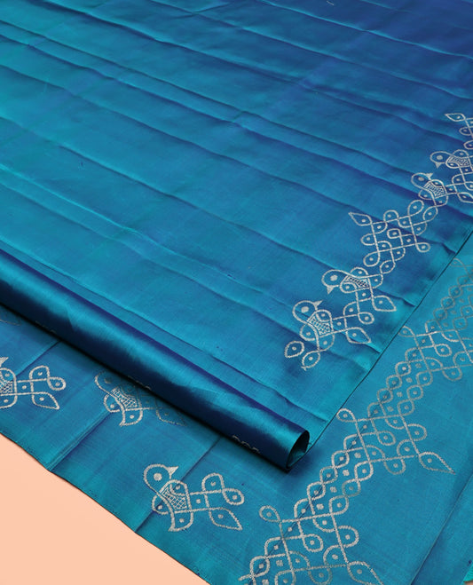 Blue Mayuri Soft Silk Saree, Traditionally Woven with Pakshi Kolam Design On Its Border, Pallu Features Pakshi Kolam, and Paired with a Matching Blouse