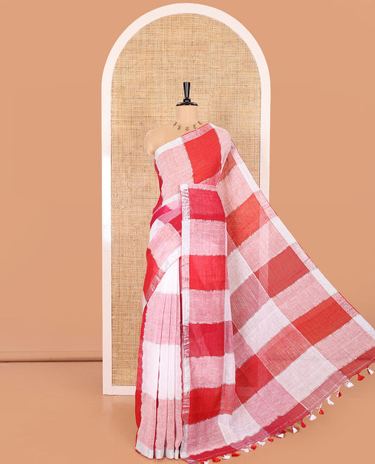 Red and Pink Zari Checked Khadi Linen Saree, Subtly Woven Silver Zari Piping Border, Checked Self-Pallu, and Paired with a Matching Blouse