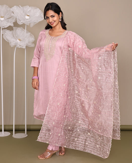 Pink Ready-Made Tissue Suit, Adorned with an Embroidered Round Neckline, 3/4 Sleeves, and a Straight-Cut Top, Paired with Straight-Cut Pants and a Floral Vine Embroidered Scallop Dupatta