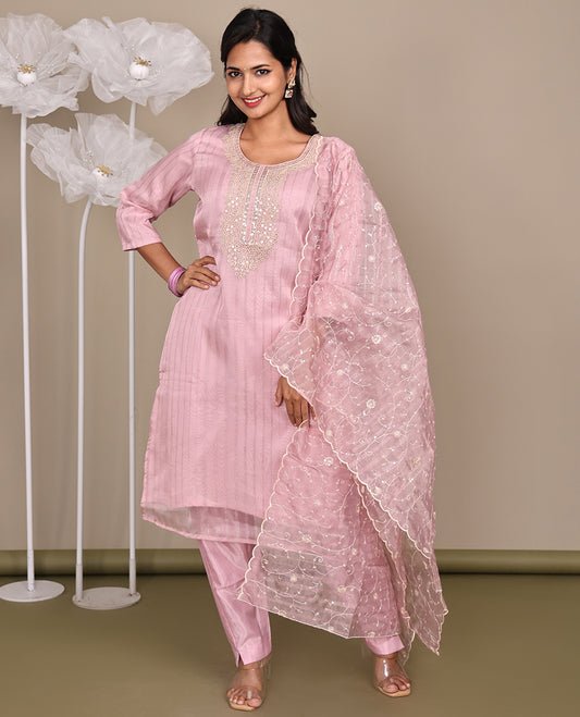 Pink Ready-Made Tissue Suit, Adorned with an Embroidered Round Neckline, 3/4 Sleeves, and a Straight-Cut Top, Paired with Straight-Cut Pants and a Floral Vine Embroidered Scallop Dupatta