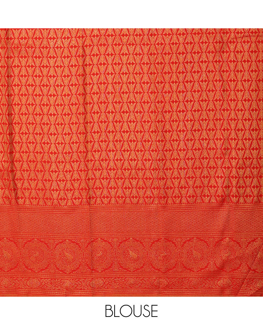 Red jacquard silk saree, zari border of rekku,rettai neli,jaal,kodi visiry,round yaanai & round mayil & intricate pallu
