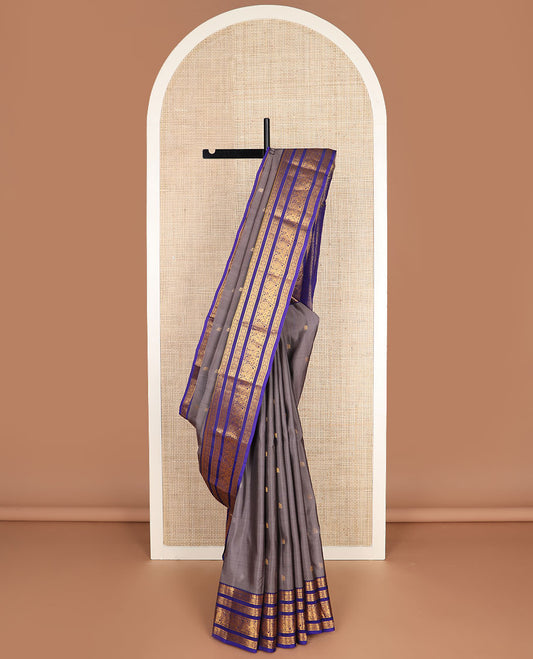 Grey mayil zari buttas vasundhara silk mix saree, contrast jaal pallu & border of laddu kamalam,banaras & mayil designs