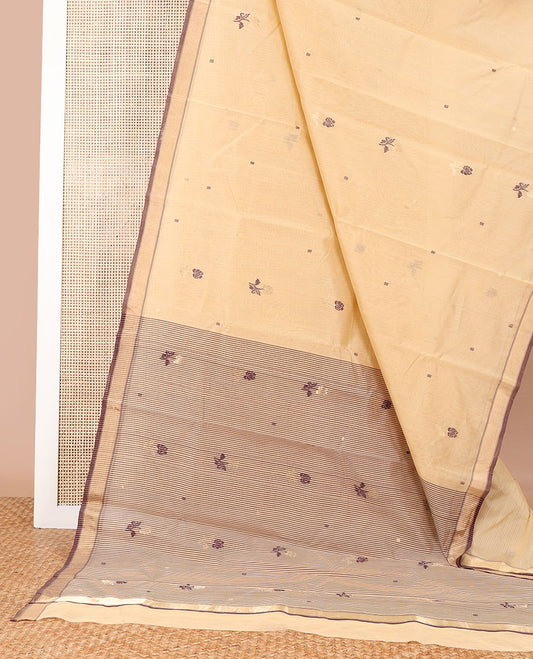 Sandal floral design chanderi cotton saree with self zari border & striped, floral design pallu