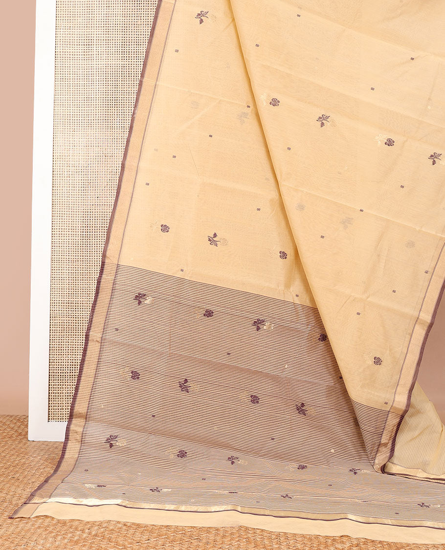 Sandal floral design chanderi cotton saree with self zari border & striped, floral design pallu
