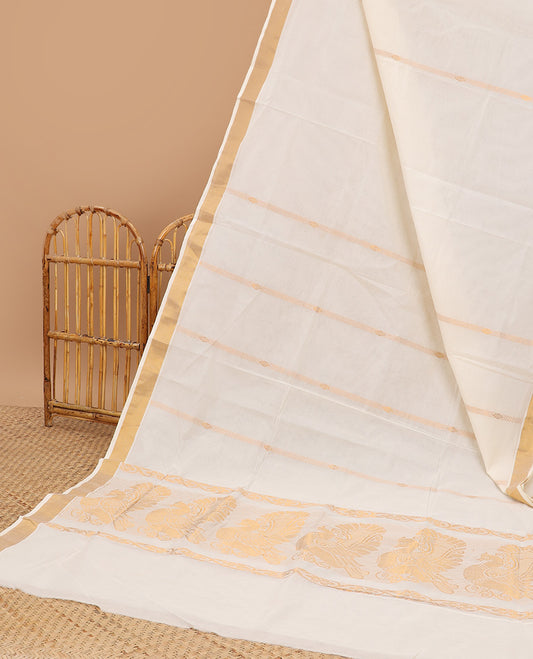 Cream kerala saree with zari stripes, plain border & pallu of peacock designs
