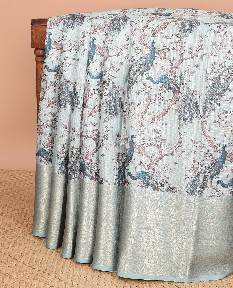 Light green kalamkari design kota doria saree with contrast zari border & kalamkari design pallu