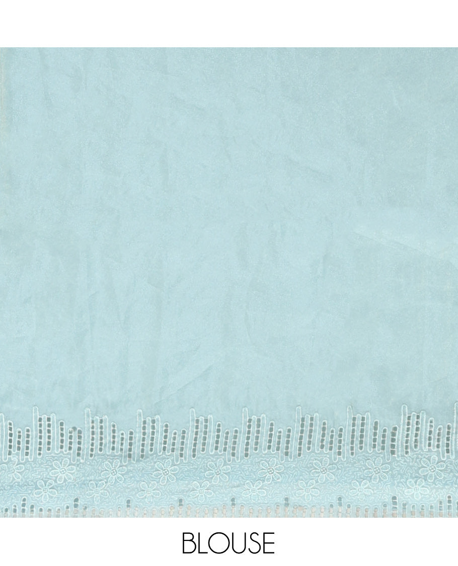 Blue Organza Saree, Masterfully Woven with Floral Embroidery, a Scallop Floral Cut-Work Embroidery Border, and a Matching Blouse
