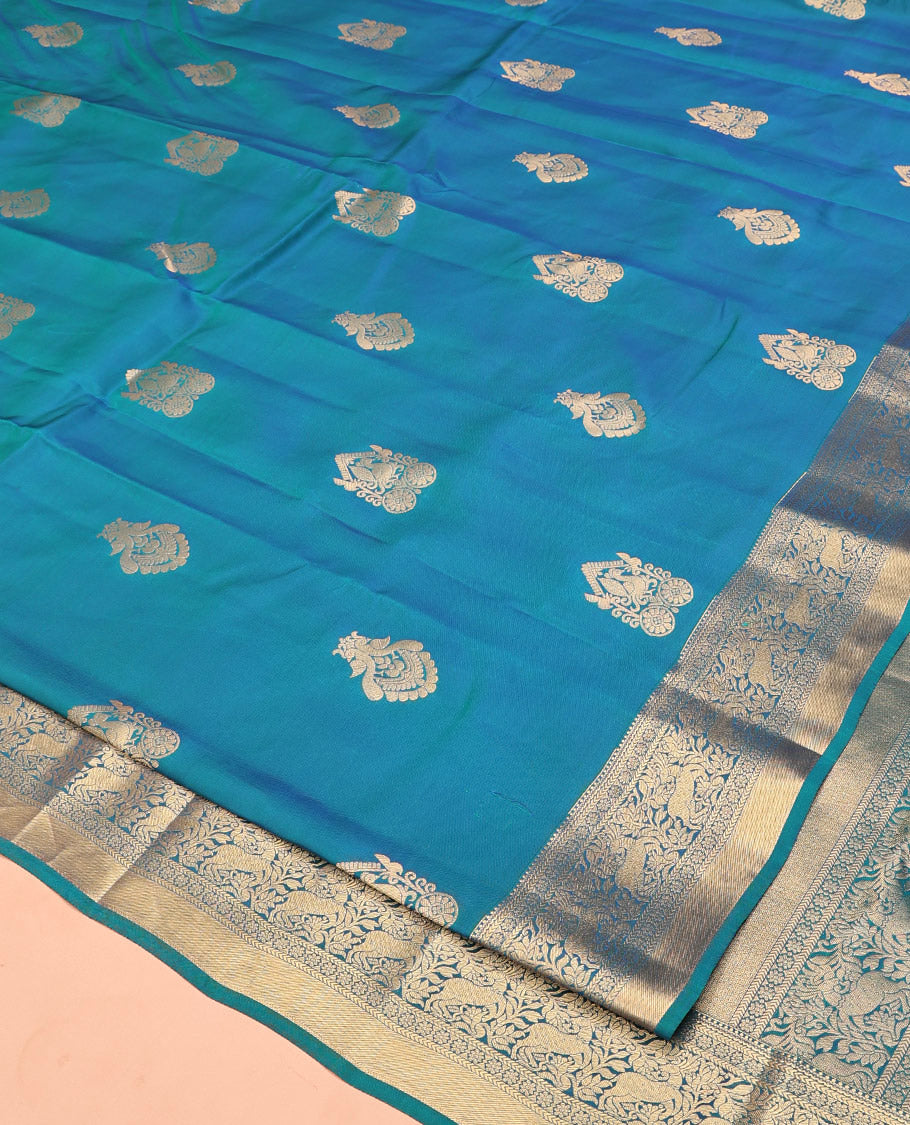 Blue Vasundhara Lite Silk Mix Saree, Elevated with Zari Buttas All Over Its Body, Highlighted by Zari Border of Kathir, Kamalam, and Maan Designs, Grandly Decked Up Pallu and Paired with a Matching Blouse
