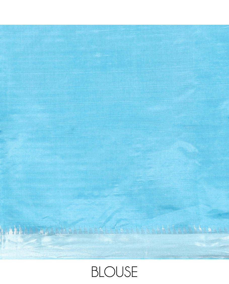 Blue Banana Pith Saree, Sparsely Woven with Buttas All Over Its Body, Highlighted by Zari Temple Border, Gleaming Zari Striped Pallu, and Paired with a Matching Blouse