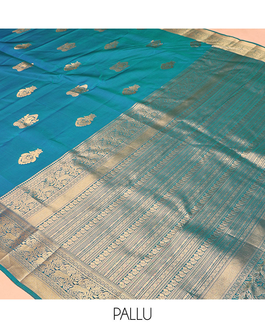 Blue Vasundhara Lite Silk Mix Saree, Elevated with Zari Buttas All Over Its Body, Highlighted by Zari Border of Kathir, Kamalam, and Maan Designs, Grandly Decked Up Pallu and Paired with a Matching Blouse