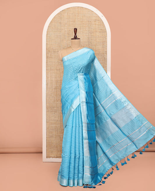 Blue Banana Pith Saree, Sparsely Woven with Buttas All Over Its Body, Highlighted by Zari Temple Border, Gleaming Zari Striped Pallu, and Paired with a Matching Blouse