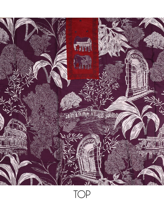 Purple Material Chudidar Set, Adorned with Tropical Floral and Building Print and Neck Embroidery on Cotton Top, a Contrast Plain Cotton Bottom, and Paired with a Geometric Printed Matching Cotton Dupatta