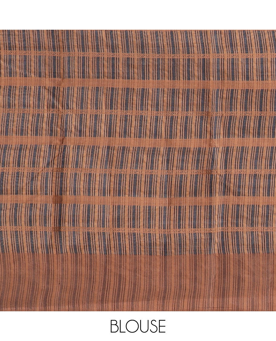 Blue striped semi-banaras tussar saree with contrast border & checked pallu