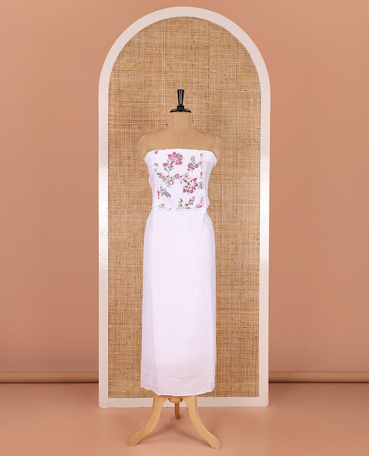 White-pink material chudidar set, floral vine printed with orginal mirror work Vichitra silk top, a matching bottom, and a floral vine printed georgette dupatta