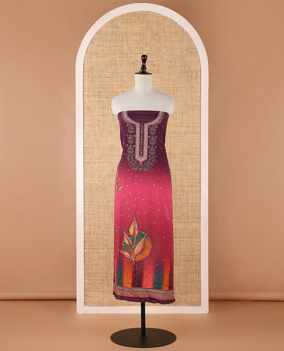 Wine chudidar material set, double-shaded daman flower design print with stone work crepe top, leaf motif print & lace work kaleidoscopic-colored chinon dupatta & plain crepe bottom