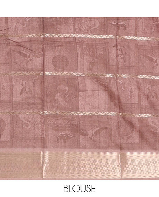 Light blue horizontal zari striped with bird motifs printed soft tusser saree, traditional zari border & geometric printed pallu