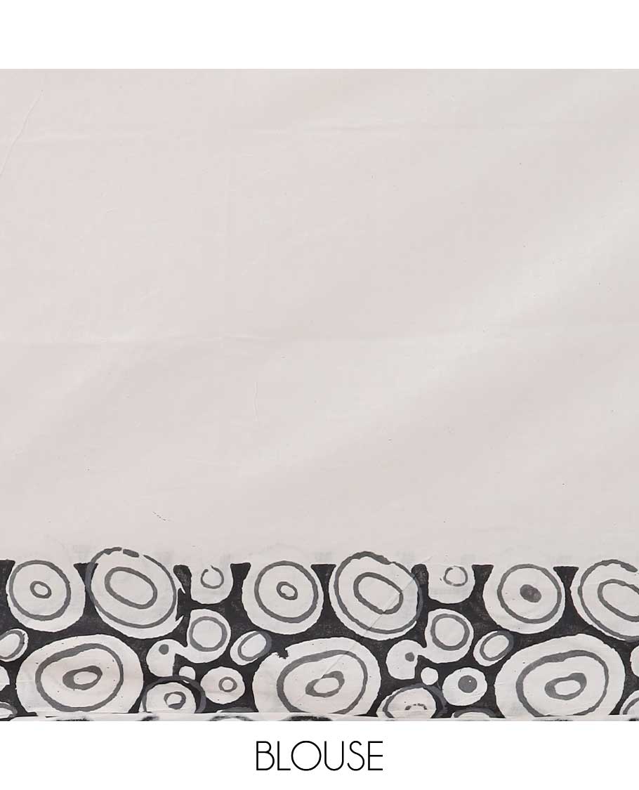 white motifs machine-printed kalamkari cotton saree with self intricate design border & intricate design pallu