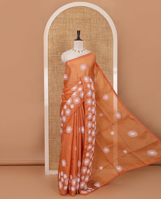 Orange star flower motifs chikankari-style embroidered kota check saree, lace border & matching checked blouse