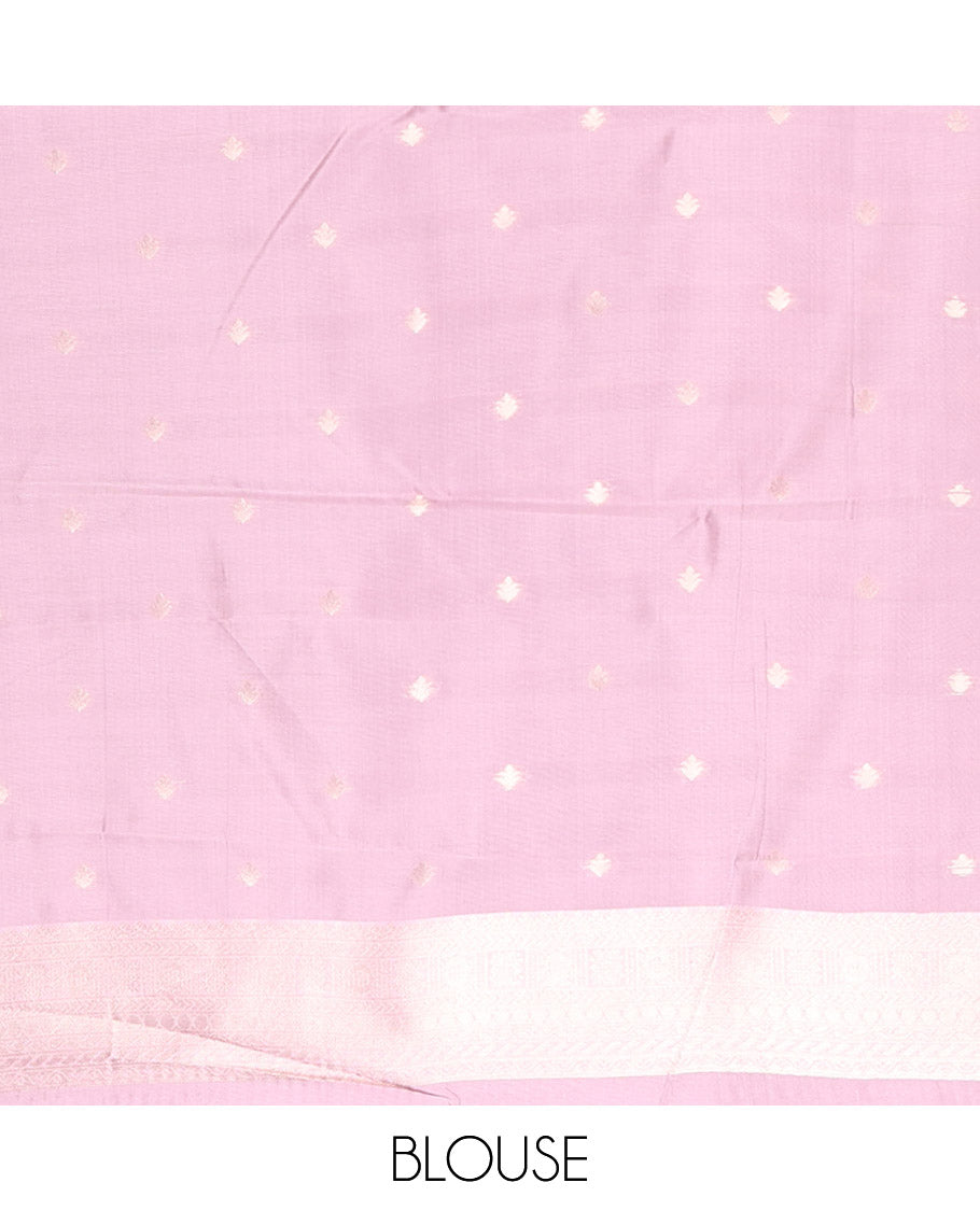 Purple Kanchi Silk Saree, Gleamed Up with Floral-Leaf Jacquard Design on Its Body, Complemented by a Contrast Traditional Zari Design Border, Intricately Designed Pallu, and Paired with a Contrast Blouse