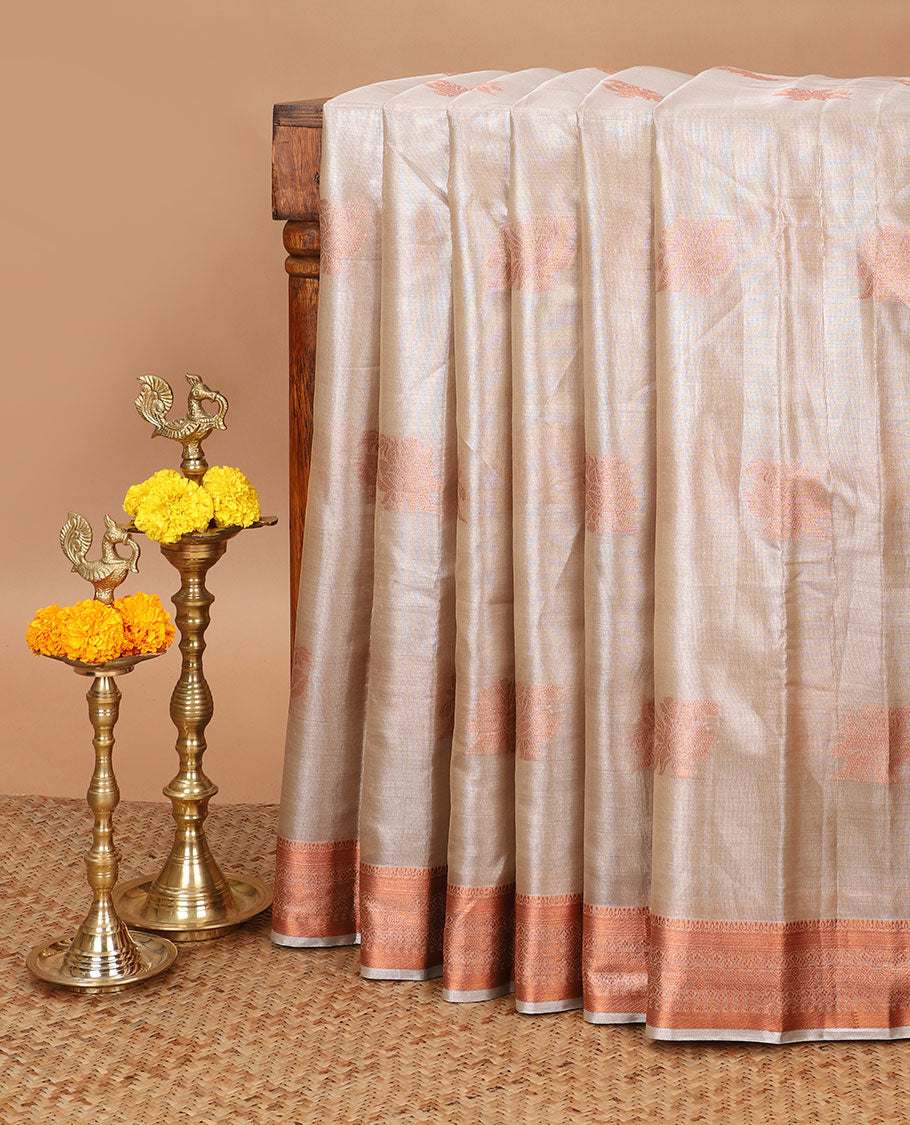 Light gold zari butta design banaras tissue silk saree with almond zari jacquard border & chit pallu along with running blouse