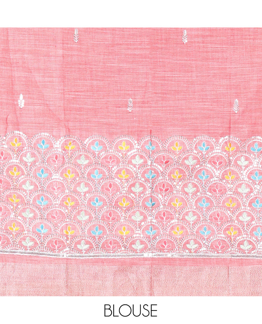 Dusky Pink Jute Linen Cotton Saree, Adorned with Checked Design on Its Body, a Subtle Self-Border, Striped Pallu, and Paired with a Matching Thread Embroidered Blouse