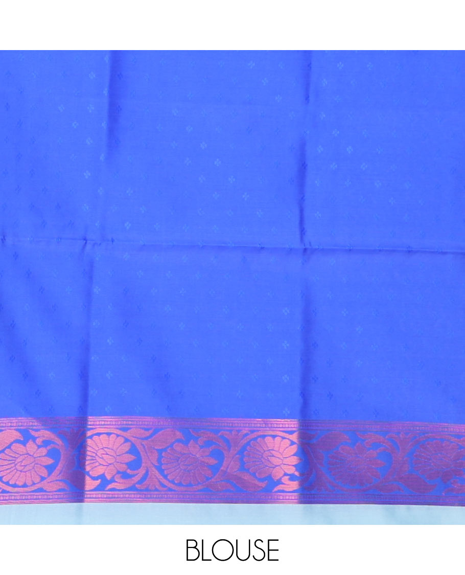 Blue ikkat geometric motifs butter silk saree with contrast floral zari border & intricate floral zari pallu