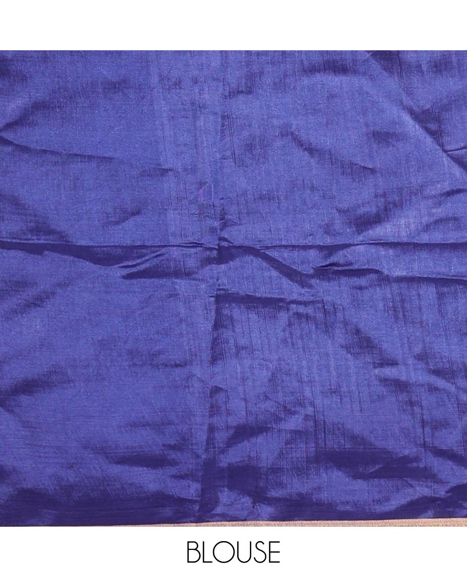 Royal blue zari buttas banana pith silk saree, zari bavanji border, zari striped pallu, and a matching zari design blouse