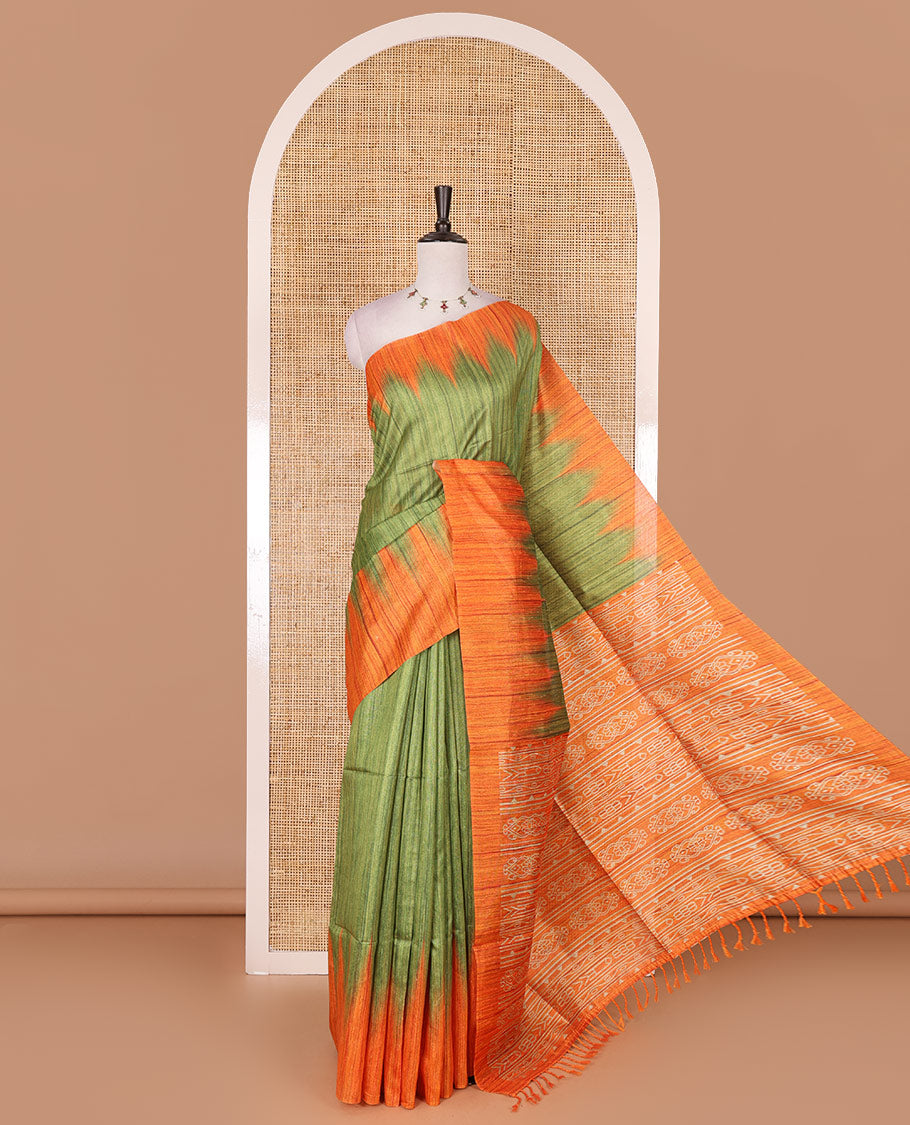 Parrot green full plain katan silk saree, contrast temple border, odisha style printed pallu, and contrast plain blouse