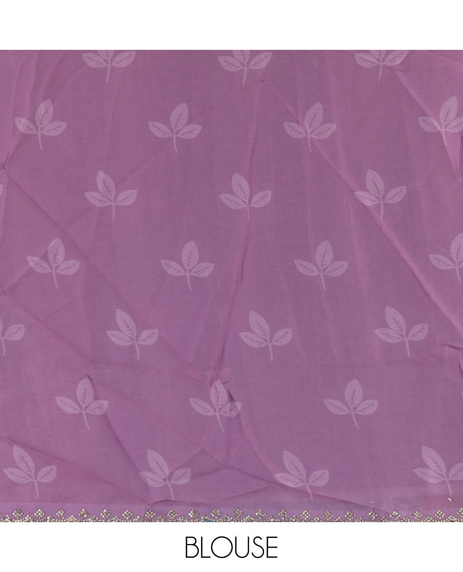 Cream and lavender floral, butterflies and horizontal striped printed satin crepe saree, stone work scallop border, and a contrast printed stone work blouse