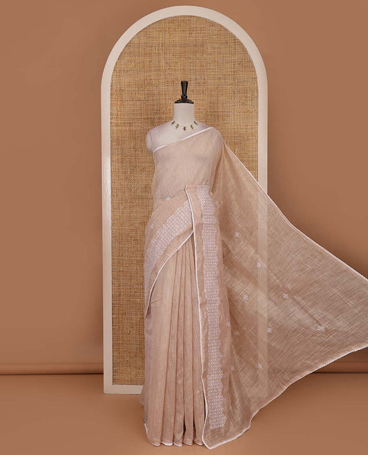 Chikku diamond patterns white resham thread embroidered mercerised cotton saree, lace border, and matching plain blouse