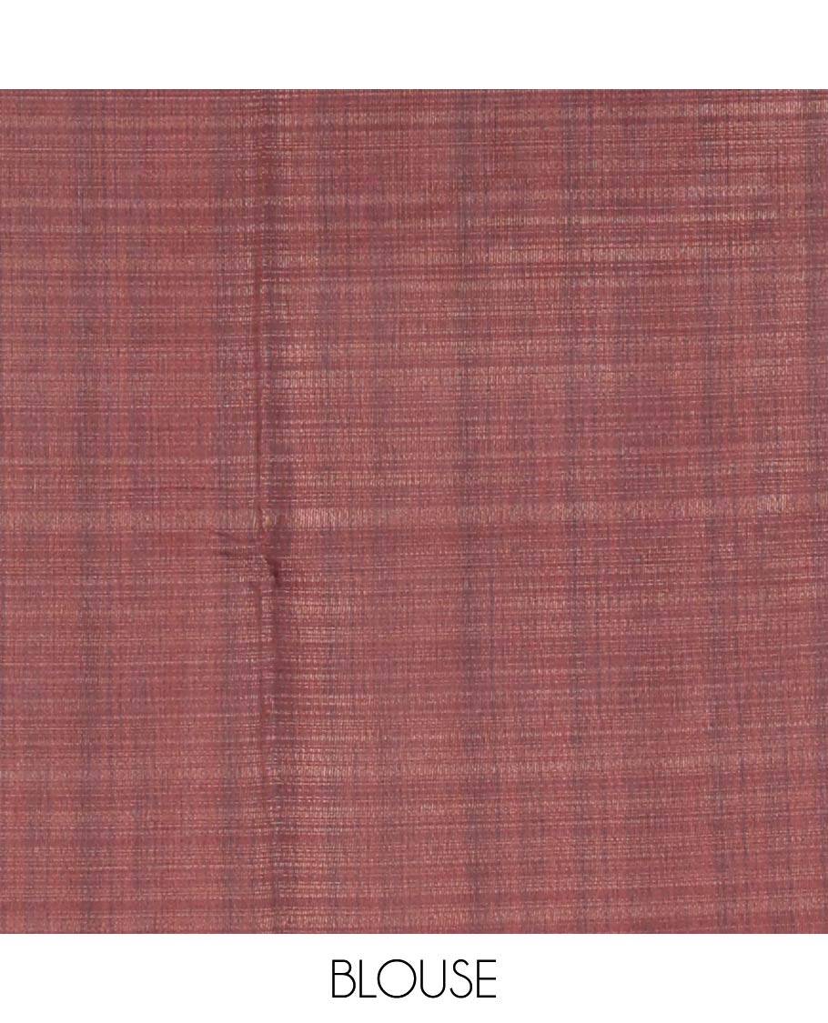 Multi-Color Tissue Saree, Adorned with Geometric Patterns and Leaf Motifs Printed on Its Body, Complemented by a Contrast Plain Border, Pallu of the Same Print, and Paired with a Contrast Blouse