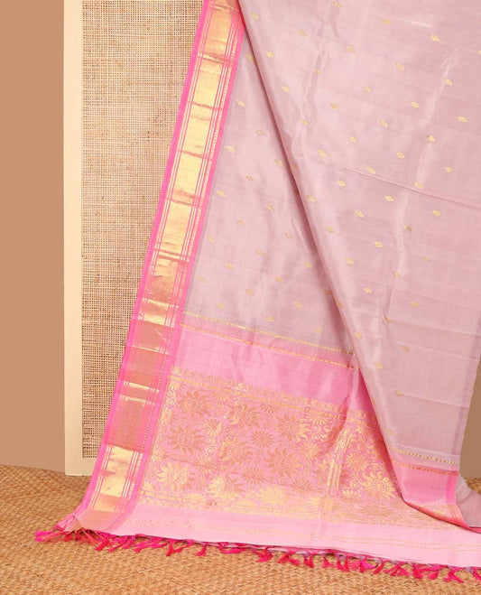 Lavender buttas kancheepuram silk saree with contrast border of zari design & floral design pallu