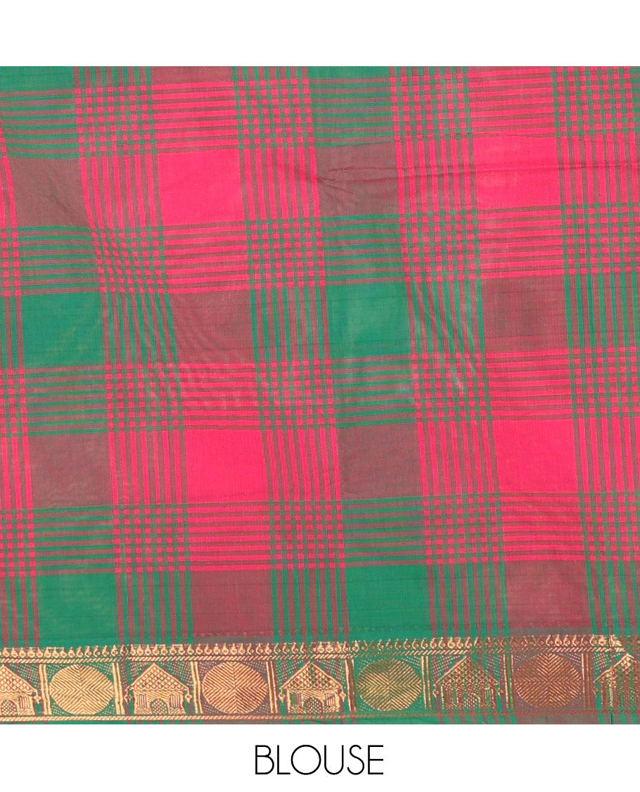 Green-Pink Chettinad Cotton Saree, Elevated with Checks, Zari Border of House Motifs, and Matching Blouse