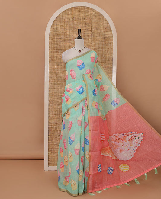 Green cupcake & Ice Cream motifs printed Linen saree, piping border, contrast Cone Ice Cream motif printed pallu & pink printed blouse