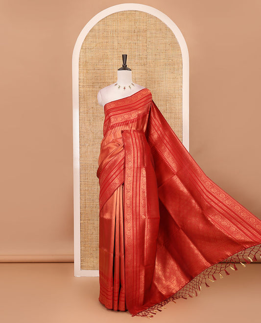Red kanchi tissue jacquard saree, traditional zari temple border, zari woven jaal pallu & contrast small buttas blouse