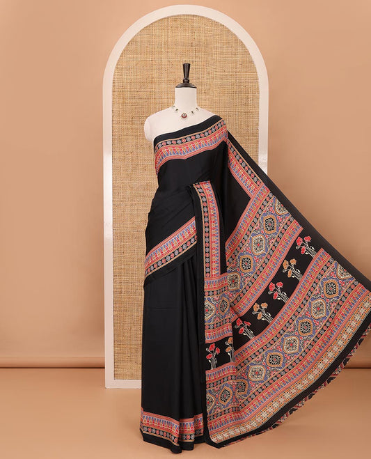 Black plain design modal satin saree, Ajrakh printed border, floral-Ajrakh printed pallu & Ajrakh printed blouse