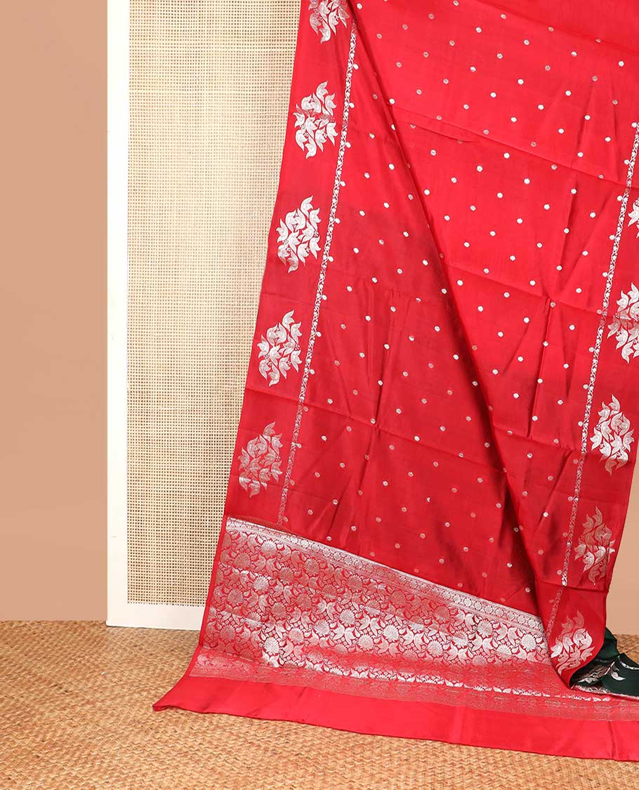 Red floral motifs banaras dupion silk saree with self zari design border & floral design pallu